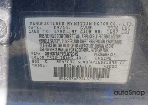 2014 Nissan Versa 1.6 S из США, поврежденный, VIN 3N1CN7AP7EL872045